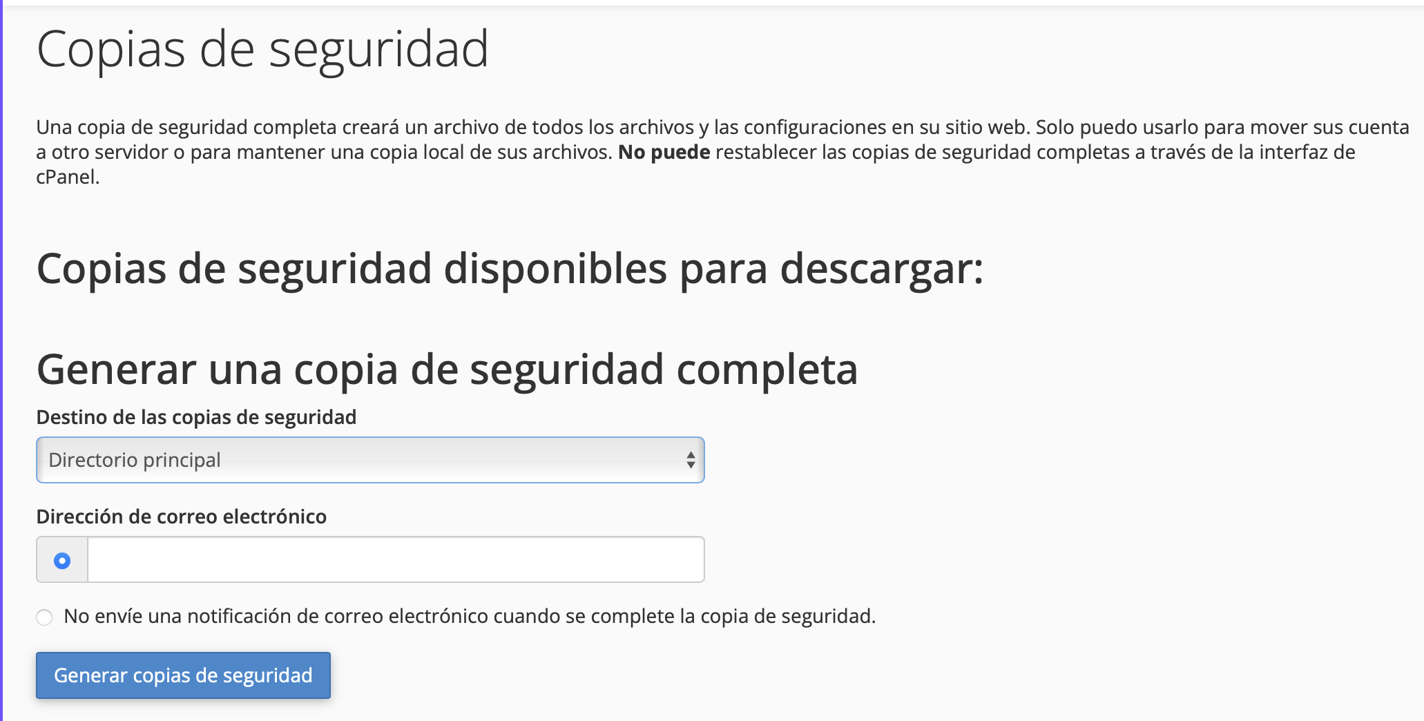 Screenshot of cPanel showing the full backup form