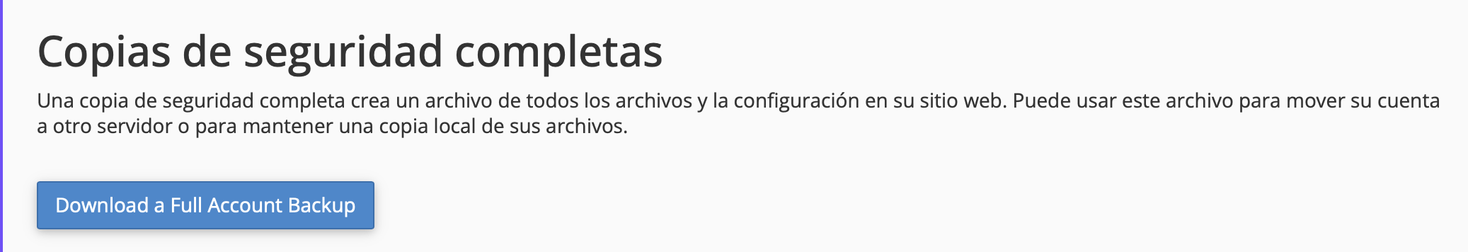Screenshot of cPanel showing Full Backups